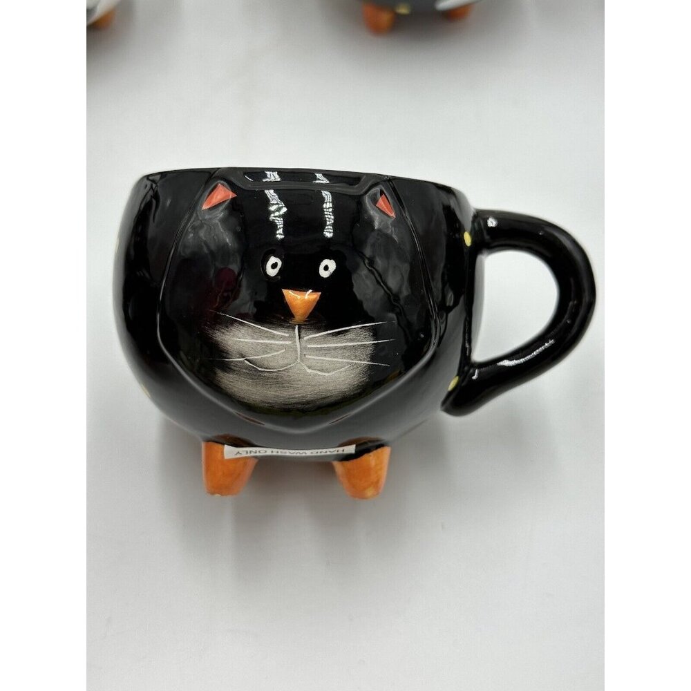 Halloween Black Cat Ghost Mug Coffee Tea 6oz Cup Hand Painted White Orange Set 8 - Picture 2 of 7